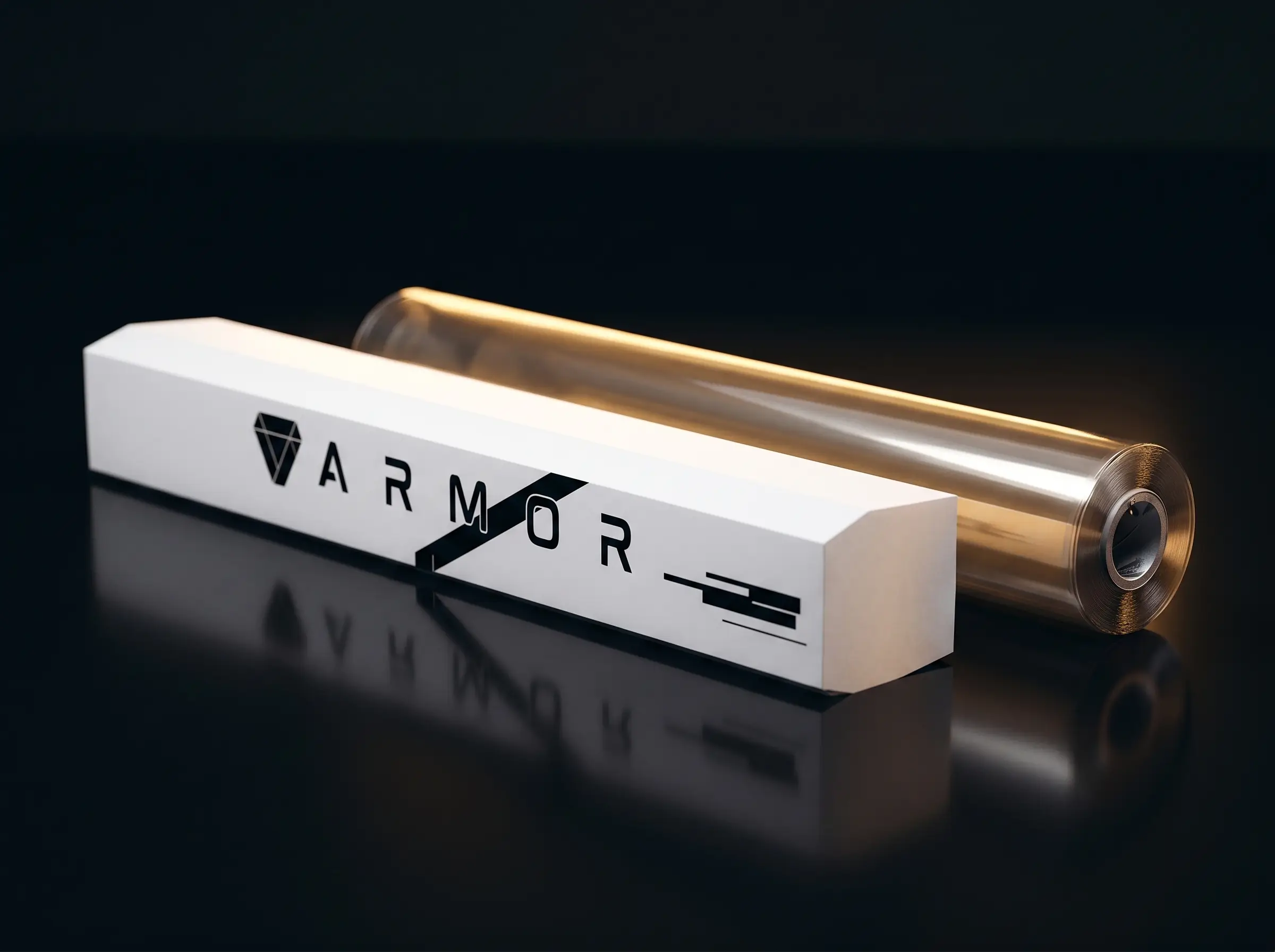 عبوة فيلم آرمور ArmShield لحماية زجاج السيارات مع لفافة الفيلم على خلفية فاخرة داكنة
