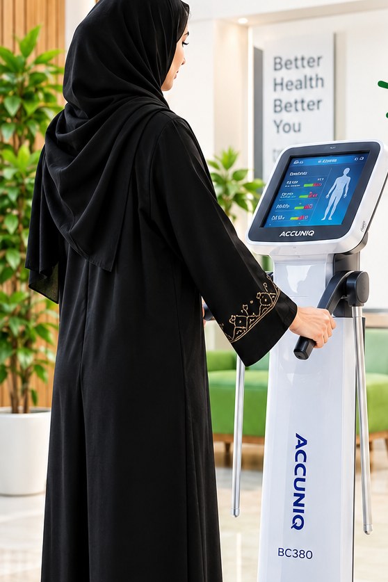 عميلة تقف على جهاز تحليل مكوّنات الجسم في عيادة سر الرشاقة بمكة المكرمة